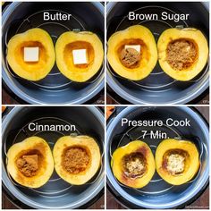 four pictures show how to make stuffed acorns in the crock pot with butter