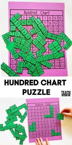 the hundreds chart puzzle is made with green and pink paper