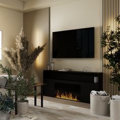 a living room with a large television mounted on the wall next to a fire place