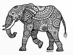 an elephant with intricate patterns on it's body is shown in black and white