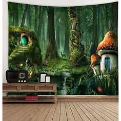 an image of a forest with mushrooms and trees tapestry wall hanging art print on the wall