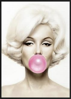 a painting of a woman with blonde hair and pink bubble gum in her mouth,