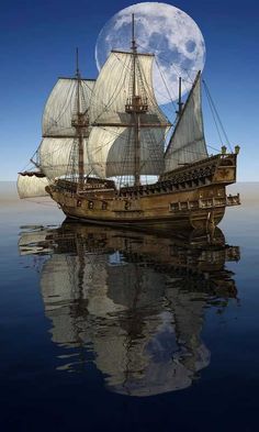 an old sailing ship floating in the ocean with a full moon behind it's sails