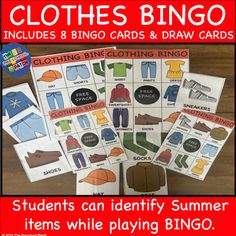 clothes bingo game for kids to play with their own clothing and other items on the table