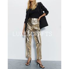 Women's Golden Metallic Foil Solid Tailored Western Leather Trousers / Pants, Woman Golden Metallic Leather Pants, Women's Party Wear Pants. - from Luxe & Crafts. Material Type : 100% Genuine Suede Lambskin Leather. Rise Style : Middle Waist. Closure Type : Snap tap Button  Closure. Number of Pockets :    Side Pockets : 2    Back Pockets : 2 Color : Metallic Gold Lining Material : 100% Premium Lining / Viscose Lining. Care Instructions : Professional Leather Clean Only. Package Contains : 1 Leat Gold Pants For Party, Trendy Gold Bottoms For Parties, Gold Fitted Bottoms For Holiday Season, Chic Gold Pants For Party Season, Gold Bottoms For Evening Holiday Events, Fitted Gold Bottoms For Holiday, Fitted Gold Bottoms For The Holidays, Fitted Gold Holiday Bottoms, Holiday Party Trousers