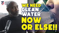 a man is talking into a microphone with the words we need clean water now or else