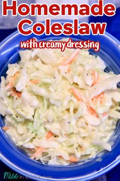 homemade coleslaw with creamy dressing in a blue bowl