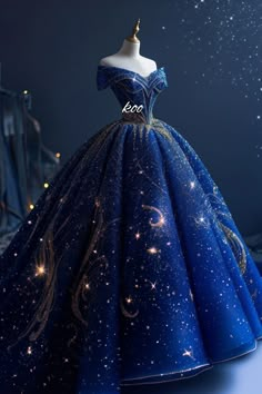 X Starry Ball Gown, Blue Dress Design, Galaxy Quinceanera Dresses, Enchanted Ball Gown, Galaxy Sweet 16 Dress, Blue Ball Gown, Star Magic Ball Gowns, Navy Blue Fantasy Gown, Royal Dresses Queens Fantasy Blue