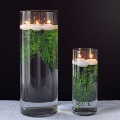 two vases with candles and plants in them