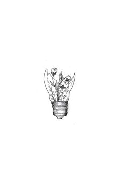 a black and white drawing of a plant in a pot with flowers on the inside