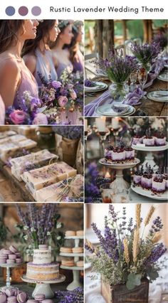 a collage of photos showing different types of cakes and desserts, with lavender flowers in the center