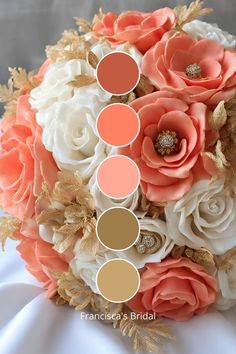 a bridal bouquet with peach and white flowers