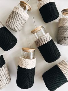 black and white mason jars with rope wrapped lids