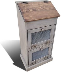 a wooden cabinet with two drawers on one side and an open drawer on the other