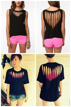 four different pictures of a woman wearing pink shorts and a black t - shirt with holes in the back