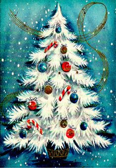 a painting of a white christmas tree with candy canes