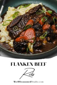 a close up of a plate of food with meat and vegetables on it, next to the words flanken beef