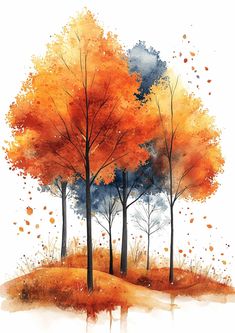 watercolor painting of trees with orange leaves