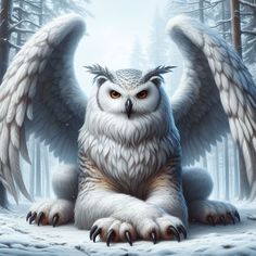 an owl with large wings sitting in the snow