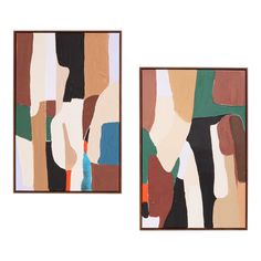 two abstract paintings hanging on the wall next to each other