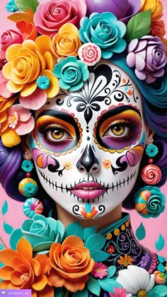 a painting of a woman with flowers in her hair and face painted to look like a skeleton