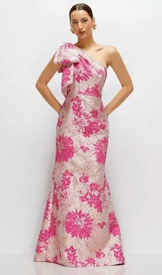 Pink Floral Cocktail Dress, Floral Bridesmaid Dresses Pink, Mother Of The Bride Dress Pink, Light Pink Mother Of The Bride Dress, Mac Dougal Dresses, Elegant Floral Dress Long, Floral Mother Of The Bride Dresses, Bow Backdrop, Jacquard Dresses