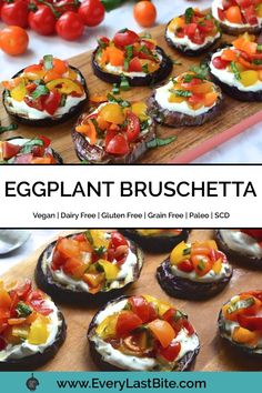 eggplant bruschetta with tomatoes, cheese and basil on a cutting board