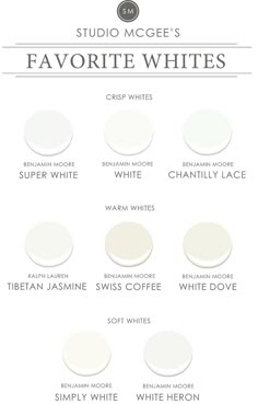 some white paint colors that are all in different shapes and sizes, with the words favorite whites