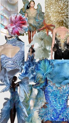 Moodboard fashion haute couture nature ocean iris van herpen designers couture inspiration fashion moodboard Marine Life Fashion, Aquatic Biome, Sea Textiles, Eco Fashion Design, My Core Aesthetic, Mermaid Witch, Corp Goth, Gcse Textiles, Under The Microscope