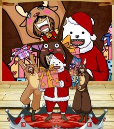 an animated christmas scene with santa claus and other cartoon characters holding gifts in their hands