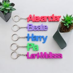 the name keychains have been made out of plastic letters and are next to a potted plant