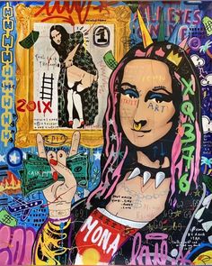 an image of a woman with pink hair and tattoos on her face, surrounded by graffiti