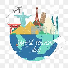 the world tourism day logo is shown with an airplane flying in the sky above it