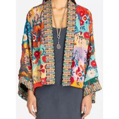 Nwt Johnny Was Women's Size Xxl Floral Embroidered Colorful Reversible Kimono Jacket. Johnny Was Brand Women's Kimono Jacket In A Size Xxl. Item Is New With Tags Attached. Style Is The Kiki Cropped Kimono. This Beautiful Kimono Jacket Is Embroidered With Floral Detailing All Over. Geometric Patterns On The Neckline And Cuffs. Kimono Can Be Reversible With A Black Floral Print Inside. Measurements As Pictured. In Excellent New Condition, See Photos For More Details. Always Feel Free To Ask Any Qu Kimono Jacket Pattern Free, Kimono Pattern Free, Kimono Jacket Sewing Pattern, Kimono Jacket Pattern, Cropped Kimono, Clothing Refashion, Jacket Sewing Pattern, Bohemian Jackets, Wearable Art Clothing