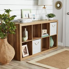 a wooden shelf with baskets and pictures on it next to a potted plant in front of a white door