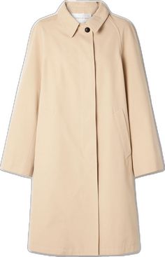 Elegant Beige Outerwear With Concealed Fastening, Classic Beige Raincoat For Fall, Classic Gabardine Outerwear With Concealed Front Fastening, Elegant Solid Color Fall Raincoat, Classic Gabardine Raincoat For Spring, Elegant Raincoat For Workwear In Fall, Classic Spring Gabardine Raincoat, Classic Spring Raincoat In Gabardine, Elegant Long Winter Raincoat