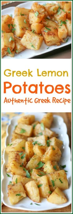 greek lemon potatoes with herbs on top and an image of the recipe in the bottom