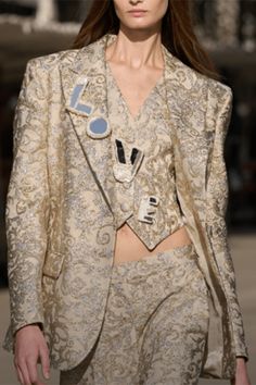 Cropped Vest CLOTHINGJACKETVESTS STELLA MCCARTNEY Designer Fitted Gold Outerwear, Designer Gold Blazer With Button Closure, Elegant Gold Brocade Blazer, Luxury Brocade Fitted Blazer, Luxury Brocade Women's Outerwear, Gold Pants, Cropped Vest, Marissa Collections, Bottom Clothes