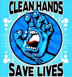 a blue poster that says clean hands save lives