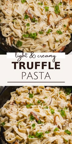 two pans filled with pasta and broccoli on top of the same pan