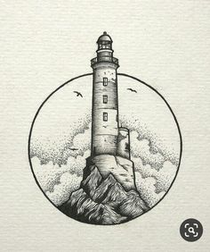 a drawing of a lighthouse with mountains in the background