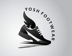 the logo for yosh footwear is designed in black and white with an image of a shoe