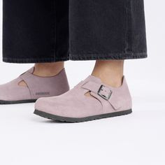 London Suede Leather Faded Purple | BIRKENSTOCK Fall Wedges, Effortlessly Pretty, Birkenstock London, Birkenstock Styles, Boys Sandals, Suede Fashion, Strap Wedge, Shoe Insoles, Girls Sandals