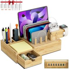 a wooden desk organizer with cell phone, pens and other office supplies in front of it