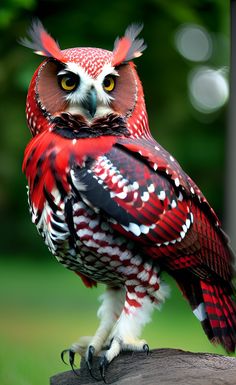 an owl with red and white feathers sitting on a tree branch in front of green grass