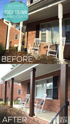 before and after photos of porch columns with white chairs on the front porch, then painted red brick