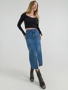 Your favorite denim, now with added ease and a more feminine silhouette. Our Women’s Midi Skirt is the perfect alternative to your faithful blue jeans on days you want something different. This denim skirt’s cut to just the right length, grazing your ankles or calves depending on sizing, with a slit in front and a high-rise waist that’s effortlessly flattering. It comes with all the iconic details, including the five-pocket styling, our signature “W” stitching, a Wrangler® logo patch, and brande Fall Denim Knee-length Skirt, Trendy Knee-length Relaxed Denim Skirt, Trendy Full-length Dark Wash Denim Skirt, Blue High-rise Relaxed Fit Denim Skirt, Medium Wash Midi-length Denim Skirt, High Waisted Denim Skirt, Denim Skirt Outfits, Denim Skirt Women, Denim Maxi Skirt