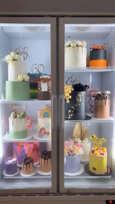 two refrigerators filled with different types of cakes