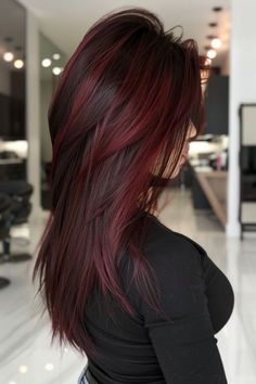 Red Hair Color At The Ends, Long Haircut For Women Straight, Short Layers On Long Hair Straight, Red And Brown Balayage Hair, Red Highlights In Medium Brown Hair, Merlot Balayage Hair, Long Hair Cuts With Layers And Bangs, Bayalage Red, Halo Hair Color