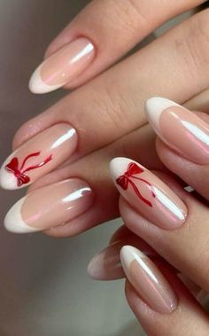 Cute Nail Inspo Colorful, French Tip Nails On Short Nails, Nail Designs Small Nails, Non Acrylic Nail Designs, Red And Pink Nails French, Nail Ideas For Boyfriend, French With Bow Nails, Bow Fall Nails, Yellow Bow Nails